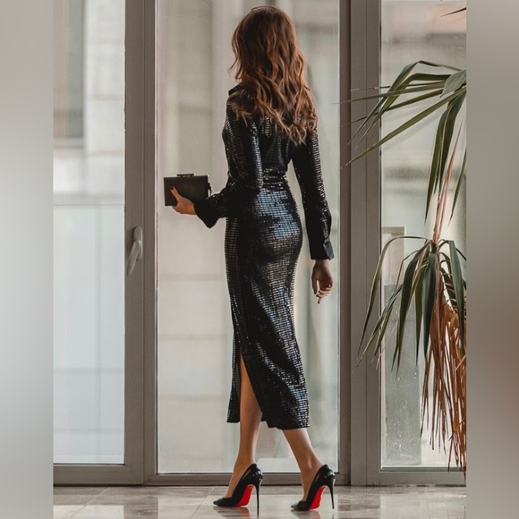 SOLD!! NWOT ZARA Women’s BLOGGER FAVE Black Sequin Ruched Midi Dress Medium M - Picture 10 of 12